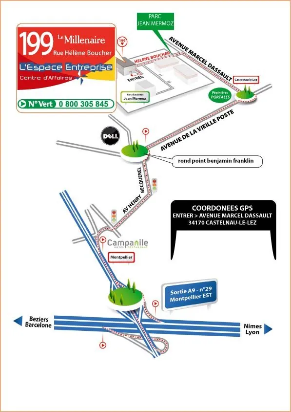 Plan d'accès à Espace Entreprise Garosud, 48 rue Claude Balbastre à Montpellier, depuis la sortie 31 de l'A9