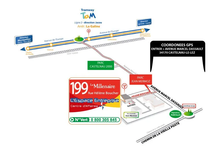 Plan d'accès à Espace Entreprise Millénaire, 199 rue Hélène Boucher à Castelnau-le-Lez, avec l'arrêt de tram Galine