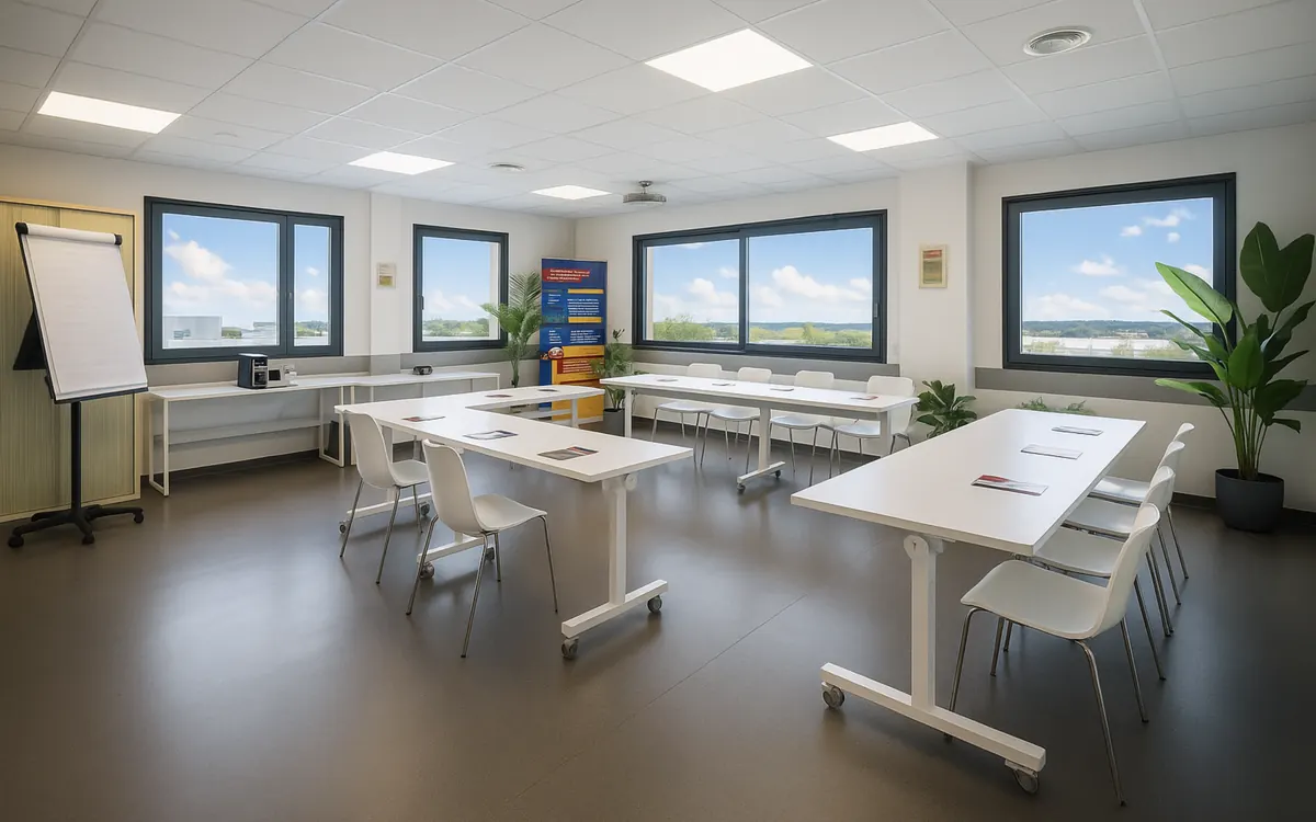 Salle Solea 214 à Garosud disposée en classe avec paperboard et grandes fenêtres