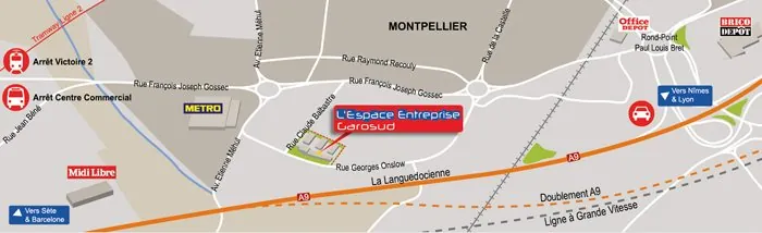 Situation de la zone Garosud dans l'agglomération de Montpellier, près de l'A9